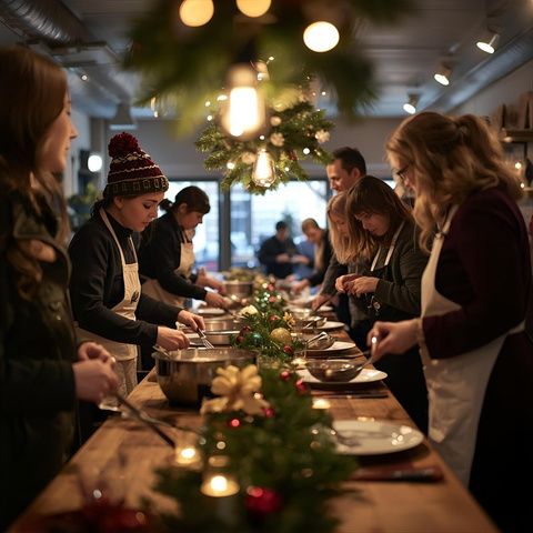 Teilnehmende eines festlich dekorierten Kochkurses bereiten gemeinsam Speisen an einer langen Tafel zu – weihnachtliche Atmosphäre mit Lichterglanz und Teamspirit.